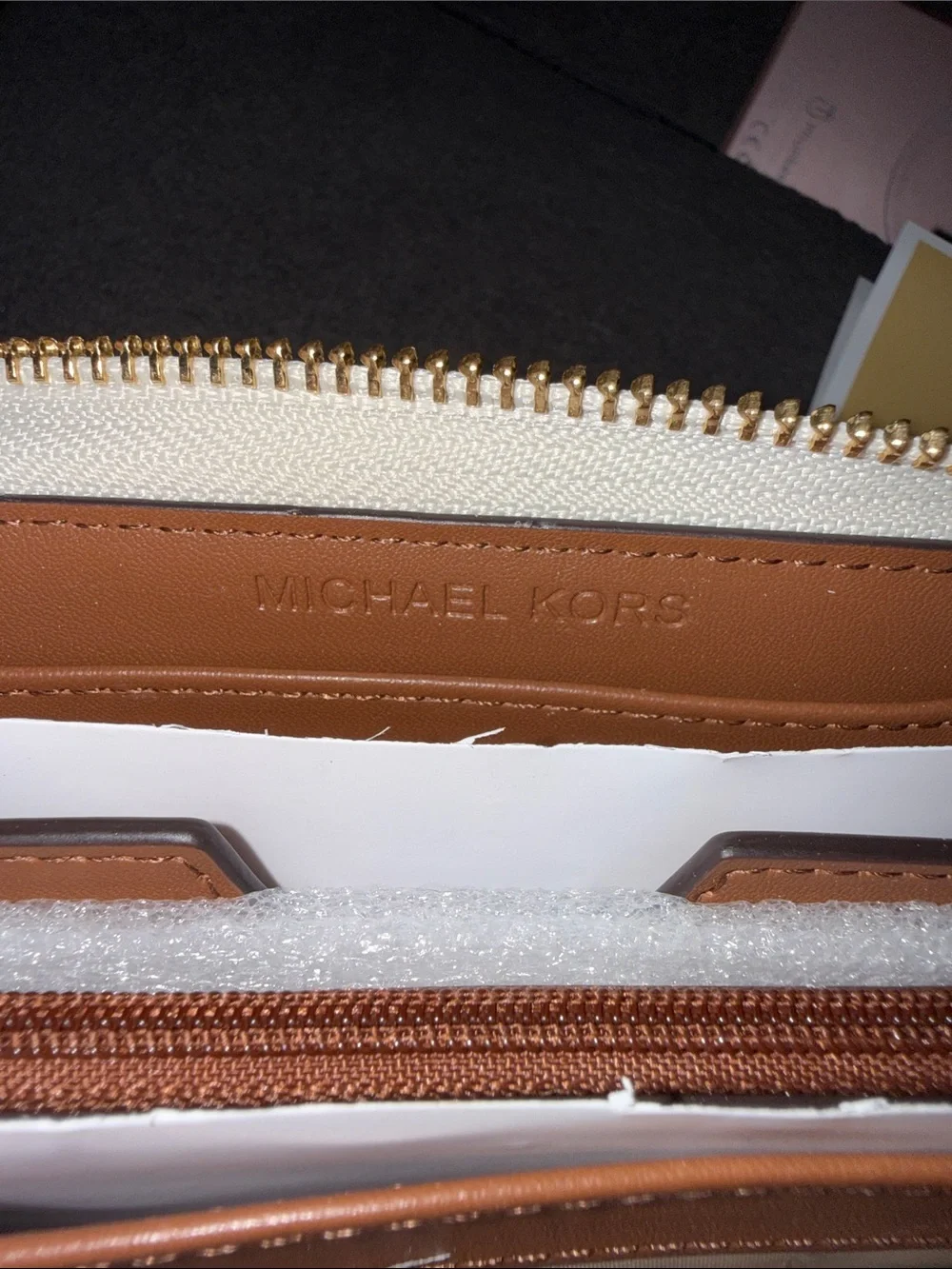 Authentic Brand New! Michael Kors Beige/Gold MK Logo Zip-Around Wallet.